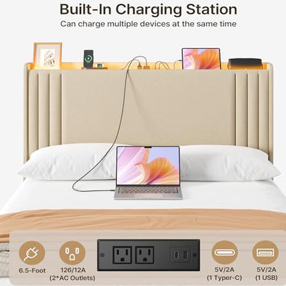 Gizoon Full Bed Frame with Charging Station and LED Lights | Upholstered Wingback Platform Bed with Padded Headboard,Wooden Slats,Noise-Free,No Box Spring Needed, Easy Assembly,Beige - color: Beige+led, size: Full