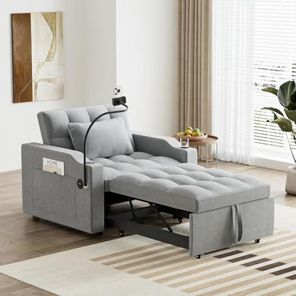 Sleeper Sofa Chair Bed 3 in 1 with Charging Ports, Phone Holder & Cup Holders - Modern Velvet Convertible Pull Out Single Sofa Bed for Small Spaces, Apartment, Dorm (Light Gray) - color: Light Gray