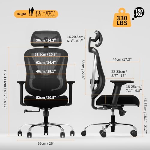 Ergonomic Mesh Office Chair - 3D Adjustable Lumbar Support & 3D Armrests, V-Shaped Back, Adjustable Desk Chair for Office & Home, Black - color: Black