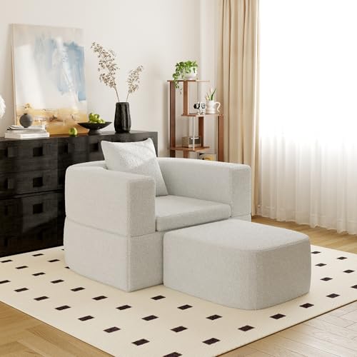 40" Pull Out Couch,2 in 1 Sleeper Sofa Bed,Convertible Sleeper Chair with Pillow Foldable Mattress with Back Support,Teddy Fleece,White - color: White