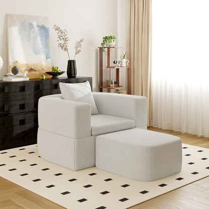 40" Pull Out Couch,2 in 1 Sleeper Sofa Bed,Convertible Sleeper Chair with Pillow Foldable Mattress with Back Support,Teddy Fleece,White - color: White
