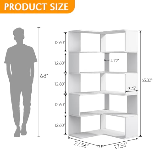 IOTXY 6-Tier L-Shaped Corner Bookshelf - 66" Tall Wooden Freestanding Bookcase with Open Shelf Units, White - color: White