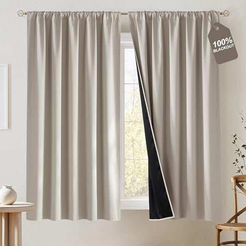 NICETOWN 100% Blackout Bedroom Curtains 63 inch Length, Rod Pocket Thermal Curtains Sound Reducing Window Treatment for Living Room, Natural, W52 x L63, 2 Panels - color: Natural, size: 52"W x 63"L (Pack of 2)