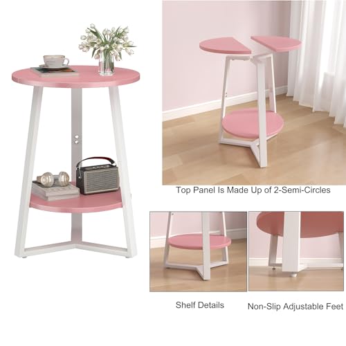sthmec Small Round End Table, 2 Tier Side Table with Storage Shlef,Coffee Table Wooden Tabletop & Metal Frame,Round Accent Table Small Nightstands Couch Tables for Bedroom,Livingroom,Pink - color: Pink