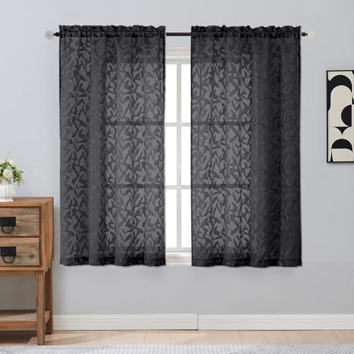 Gwine Black Sheer Curtain 54 Inch Length for Living Room 2 Panels Set, Light Filtering Leaf Jacquard Clip Textured Curtains for Bedroom, Soft Airy Farmhouse Rod Pocket Window Curtain, 42" Wx54 L - color: Black, size: 42"W x 54"L (Pack of 2)
