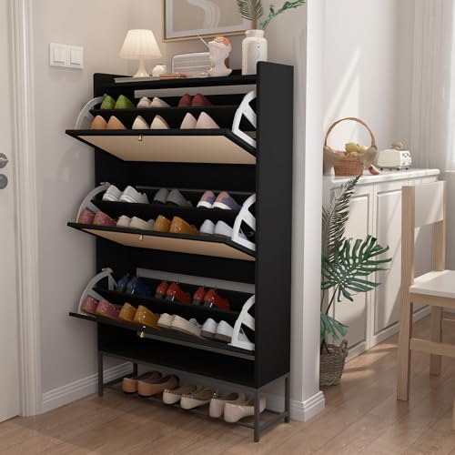 Shoe Cabinet, Shoe Cabinet Freestanding Tipping Bucket Shoe Rack Organizer with 3 Flip Drawers, Modern Entryway Narrow Shoe Rack for Entryway, Hallway, Bedroom (Black) - color: Black, size: 3 Drawers Standard