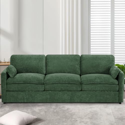 89" Chenille 3 Seats Sofa with 2 Pillows, Green | Modern Upholstered Sofa with Deeper Seats, Comfy Sofa with Thickened Cushions for Living Room, Apartment - color: Green, size: Sofa