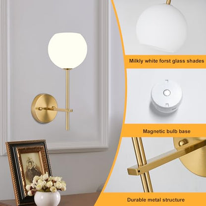 Gold Battery Operated Wall Sconces Set of 2, Rechargeable Wireless Wall Lights with Milky White Frosted Glass Shade, 12 RGB and 3CCT Dimmable, Wall Lamps with Remote for Bedroom Living Room Hallway - color: Gold