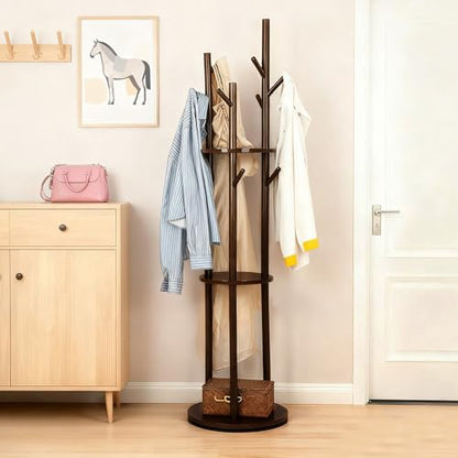 Freestanding Coat Rack, Solid Pine Wood Rotary Coat Tree with 3 Shelves and 9 Hanging Handles, Coat Hanger Stand for Bedroom, Entryway, Livingroom(Walnut Color)