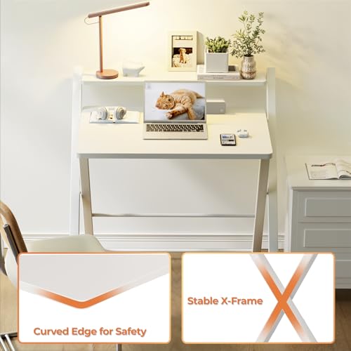 GreenForest Folding Desk No Assembly Required Large Size, 2-Tier Foldable Computer Desk with Shelf for Home Office, Space Saving Portable Laptop Study Foldable Table for Bedroom, White | Portable Foldable Table for Laptop, 2-Tier Compact with Shelf, Space