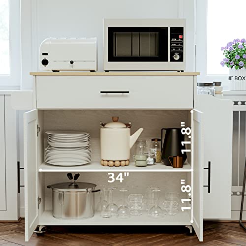 IRONCK Kitchen Island with Storage, Charging Station and Drop Leaf, White | Wheels, Drawers, Open Shelves, Drawer Storage, Everyday Home Use - color: White