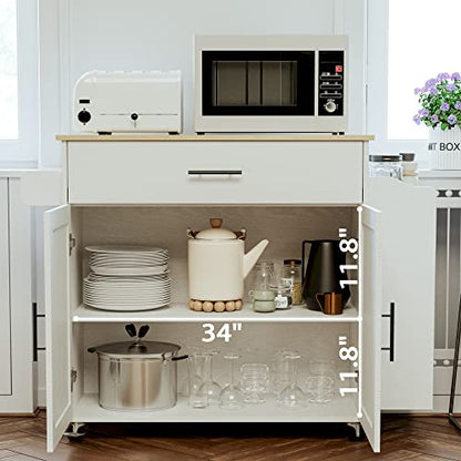 IRONCK Kitchen Island with Storage, Charging Station and Drop Leaf, White | Wheels, Drawers, Open Shelves, Drawer Storage, Everyday Home Use - color: White