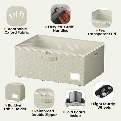 Dayacoco Under Bed Storage With Wheels,10in Underbed Storage Containers 65L | Large Capacity Underbed Storage, No Assembly Required Rolling Under Bed Storage for Clothes Blankets Shoes Beige - size: 10.1 inch height-beige