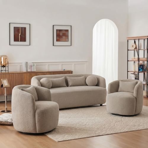 KINWELL 68" Boucle Upholstered Loveseat with 2 Swivel Barrel Chairs, Taupe | No Assembly Sherpa Living Room Furniture Sets, 2-Seater Couch Settee and Accent Chairs Armchairs for Small Spaces Apartment - color: Taupe, size: Loveseat + 2 Chairs