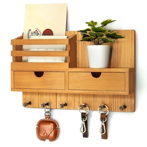 Rebee Vision Key Holder Wall Mount with 2 Drawers for Entryway, Light Brown | Mail Holder for Wall, 6 Key Hooks, Drawer Organizer, Mail Organizer, Living Room Decor, Home Storage, Farmhouse Organization - color: Light Brown