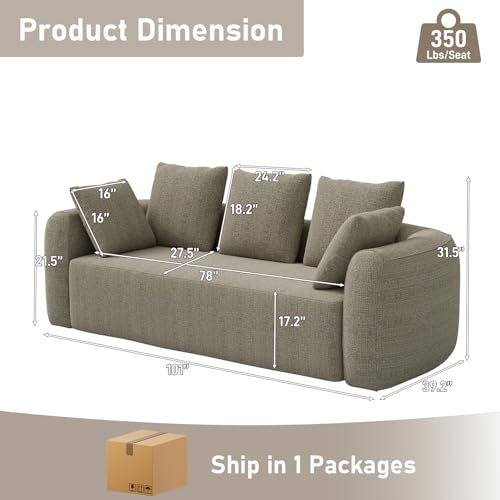 Curved Modern Couch Sofa,Boneless Couch,Modern 3 Seater Cloud Couch,Deep Seat - color: Light Brown, size: 101''