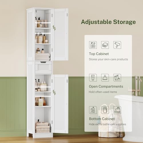 TEENFON 67 Tall Bathroom Cabinet with 6 Shelves & 1 Drawer, Narrow Storage Cabinet with Adjustable Shelves, Silm Cabinet for Living Room, Kitchen, White - color: White-2