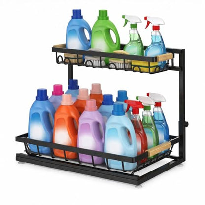 2-Tier Multi-Purpose Bathroom Under Sink Organizers and Storage, Black Adjustable Rack with Wooden Handles for Stackable Kitchen Pantry Organization