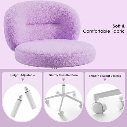 Homkdom Round Vanity Chair with Silent Wheels, 17.32" Wide Seat | Height Adjustable, 360 Swivel & Smooth Rolling, Armless Design for Makeup and Study - Purple - color: Purple