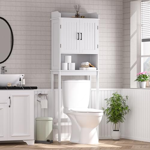 Yardenaler Over-The-Toilet Storage Shelf with Doors, Bathroom Freestanding Space Saver Organizer with Adjustable Shelf, White - color: White