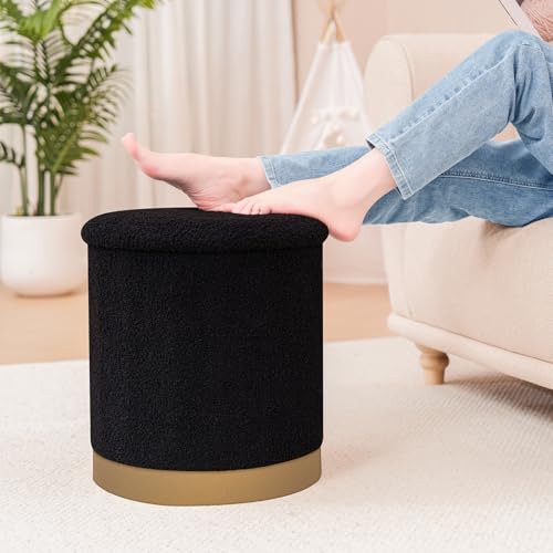 Round Storage Ottoman with Reversible Tray Top, 16.3" Boucle Ottoman Footrest Stool with Metal Base, Upholstered Vanity Stool with Storage for Living Room Bedroom, Black - color: Teddy-black