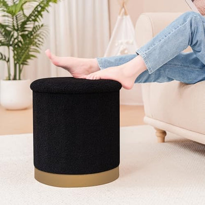 Round Storage Ottoman with Reversible Tray Top, 16.3" Boucle Ottoman Footrest Stool with Metal Base, Upholstered Vanity Stool with Storage for Living Room Bedroom, Black - color: Teddy-black