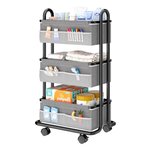 3-Tier Baby Diaper Caddy Organizer Cart, Mobile Nursery Storage Carts with Wheels, 3 Dividers & 6 Mesh Pockets Durable Metal Utility Cart for Nursery, Bedroom, Bathroom, Baby Essentials Organization - color: Black