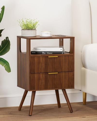 Leomonio Nightstand, Modern Night Stand with 2 Storage Drawer and Opening Storage, Fluted Bedside Table with Solid Wood Legs for Bedroom - color: Walnut Brown