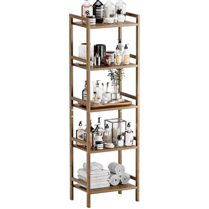 HITNET Bamboo Book Shelf, Tall Narrow Bookcase, Bathroom Shelving Unit 5 Tier Floor Standing Adjustable Bookshelf for Small Spaces, Walnut - color: Walnut