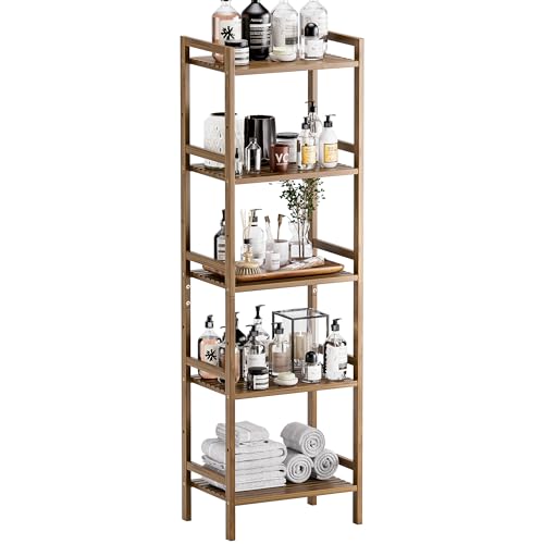 HITNET Bamboo Book Shelf, Tall Narrow Bookcase, Bathroom Shelving Unit 5 Tier Floor Standing Adjustable Bookshelf for Small Spaces, Walnut - color: Walnut