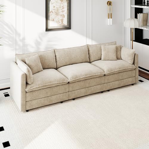 Aoowow Modular Sectional Sofa,112.2 Inch Modern Deep 3-Seater Sofas Comfy Chenille Cloud Sofas and Couches with Pillows for Living Room Apartment（Camel） - color: Camel, size: 3 Seat