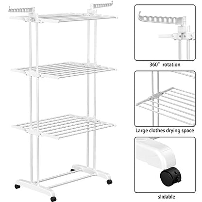 HOMIDEC Clothes Drying Rack, 4-Tier(67.7" H) Foldable Drying Rack Clothing | Foldable Stainless Steel Drying Rack, Movable Laundry Drying Rack with 4 Castors and 14 Hooks for Bed Linen, Clothing, White - color: White