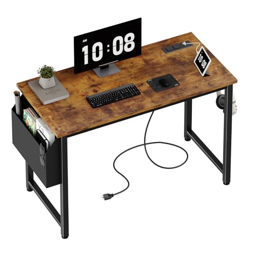 Lufeiya 40 inch Computer Desk with Power Outlet, 39 inch Teen Study Table Home Office Work Writing Desk with Charging Station Outlets Built in, Rustic Brown - color: Rustic Brown, size: 39.4"