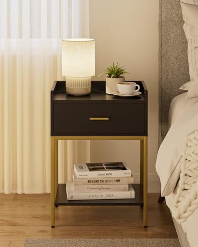 Masupu Nightstand,Bedside Table 3-Tier Modern Night Stand with Storage Drawer and Shelf,Small End Side Table for Bedroom,Living Room,Black (Without Outlet, Black) - color: Black