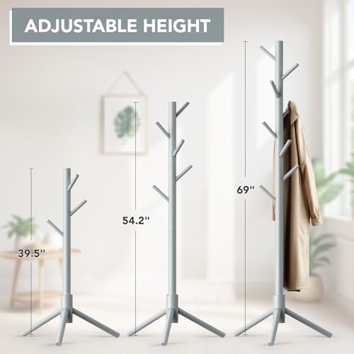 Hupmad Wooden Tree Coat Rack Stand,Sturdy Freestanding Coat Rack with 8 Hooks,3 Adjustable Height for Child Adult,Wood Coat Stand Tree Fits Entryway Bedroom Office for Bags,Hats - color: Grey, size: 1 PC