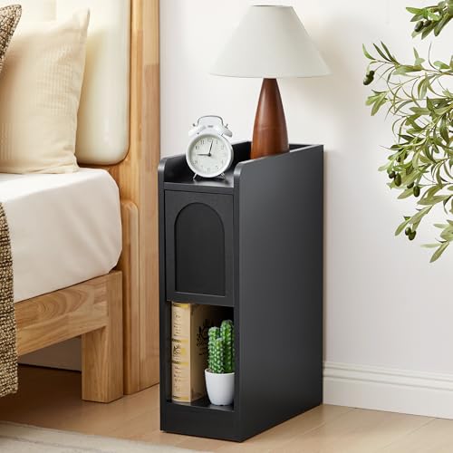 Narrow Nightstand, Slim Bedside Table with Raised Edge Top, Arched Drawer & Open Shelf, Modern Wooden Small Side End Table for Bedroom or Living Room (1, Black) - color: Black-arched Drawer, size: 1-Pack