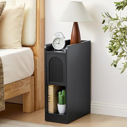 Narrow Nightstands Set of 2, Slim Bedside Tables with Raised Edge Top, Arched Drawer & Open Shelf, Modern Wooden Small End Tables for Bedroom Small Spaces (2, Black) - color: Black-arched Drawer, size: 2-Pack