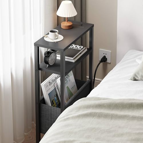 Narrow Side Table with Charging Station, Slim End Table with Magazine Rack, Bedside Table for Small Spaces, 3 Tier Sofa Couch Table Nightstand for Living Room, Bedroom, Black LET503BE - color: Black, style: With Charging Station