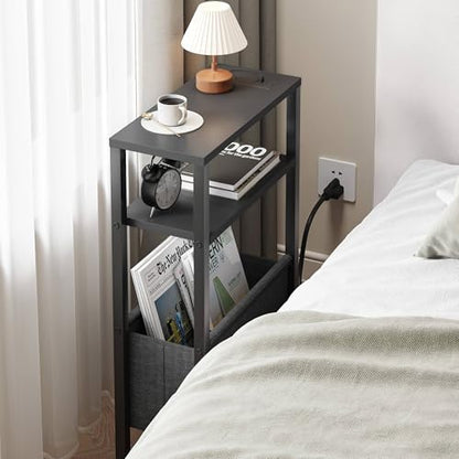 Narrow Side Table with Charging Station, Slim End Table with Magazine Rack, Bedside Table for Small Spaces, 3 Tier Sofa Couch Table Nightstand for Living Room, Bedroom, Black LET503BE - color: Black, style: With Charging Station