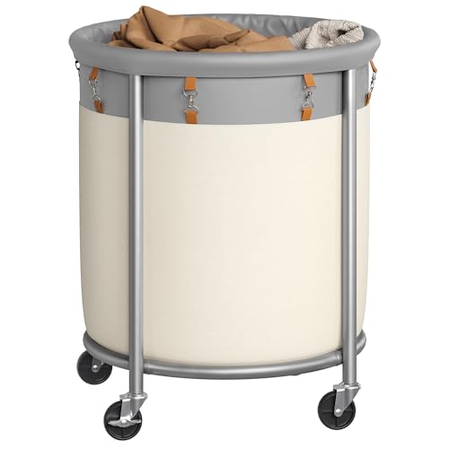 SONGMICS Laundry Basket, Rolling Steel Frame with 2 Locking Wheels, 190 L | Heavy-Duty Laundry Hamper Cart with Removable Bag, Dove Gray and Cream White, URLS001GD02 - color: Dove Gray + Cream White, size: 190 L (1-Section)