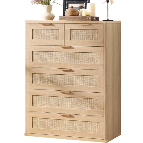 LEYAOYAO Rattan Dresser for Bedroom, 41" Tall Chest of Drawers | Gold Metal Handle, Oak Modern 6 Drawers Boho Dressers with Storage for Living Room, Hallway - color: Natural Wood, size: 15.5"D x 31.5"W x 41"H (6 Drawers)