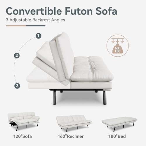 Futon Sofa Bed Convertible Couch, White Faux Leather Sofa Bed | Adjustable Backrest & Armrests, Multifunctional Small Loveseat Sleeper Sofa for Living Room, Apartment, Office, Foam Couch - color: A7 | White