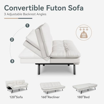 Futon Sofa Bed Convertible Couch, White Faux Leather Sofa Bed | Adjustable Backrest & Armrests, Multifunctional Small Loveseat Sleeper Sofa for Living Room, Apartment, Office, Foam Couch - color: A7 | White