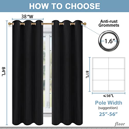 Diraysid Black Grommet Blackout Curtains for Bedroom Thermal Insulated Room Darkening Curtains Drapes, 38 x 84, 2 Panels - color: Black, size: 38"W x 84"L (Pack of 2)