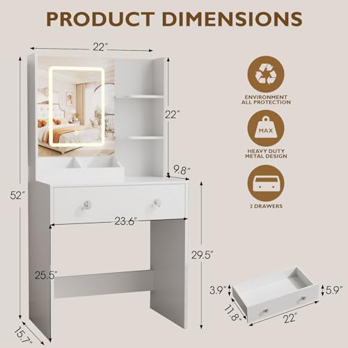 Korfile 24" White Small Vanity Desk with Lighted Mirror & Power Outlet | Smart LED Mirror with 3 Color Modes,5 Storage Shelves & 2 Drawers,Power Outlet,Fits small spaces - color: White