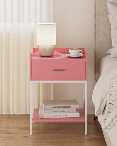 Masupu Nightstand,Bedside Table 3-Tier Modern Night Stand with Storage Drawer and Shelf,Small End Side Table for Bedroom,Living Room,Black (Without Outlet, Pink) - color: Pink