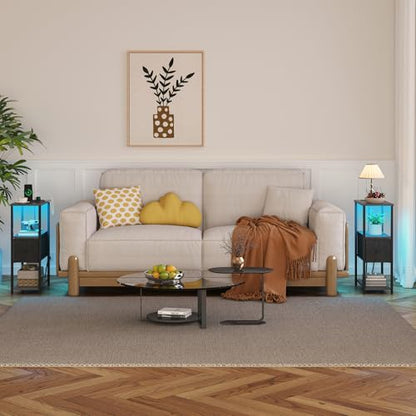 TUTOTAK Small Narrow LED End Table with Charging Station, Set of 2 | Side Table with Outlets, Nightstand with Cloth Drawer, Couch Table for Living Room, Bedroom, Charcoal Grey TB01BY059 - color: Charcoal Grey, style: 1 Drawer with Plug & Light