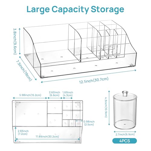 Vtopmart 5 PCS Bathroom Countertop Organizer Sets | 1 Divided Tray, 4 Qtip Holder Jars, Clear, For Toothbrush, Cotton Pads, for bathroom countertop - color: Clear