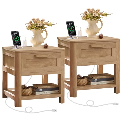 Joaxswe Farmhouse Side Table Set of 2 Living Room, Natural Wood | Small Nightstand with 1 Drawers & Open Shelving & 4 Thickened Table Legs & Rounded Corners - color: Natural, size: Set of 2