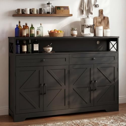 Lahomie 47" Sideboard Buffet Storage Cabinet, Coffee Bar Cabinet,Dark Brown | Coffee Bar Station with Power Outlet, Farmhouse Sideboard with 2 Drawers Adjustable Shelves Open Shelf, Kitchen, Living Room - color: Dark Brown, size: 47"W